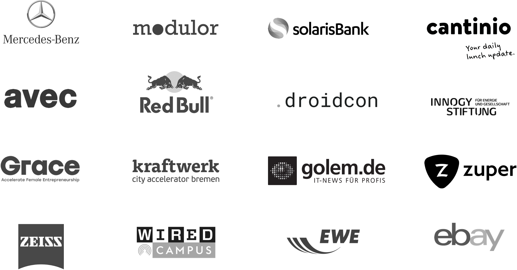 Mercedes-Benz, Modulor, solarisBank, Cantinio, Avec, Red Bull, DroidCon, Innogy Stiftung, Grace Accelerator, Kraftwerk City Accelerator Bremen, Golem.DE, Zuper, Zeiss, Wired Campus, EWE, eBay